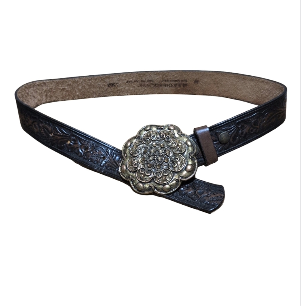 Vintage Leatherock Tooled Leather Belt M/L Silver Floral Statement Buckle Boho W